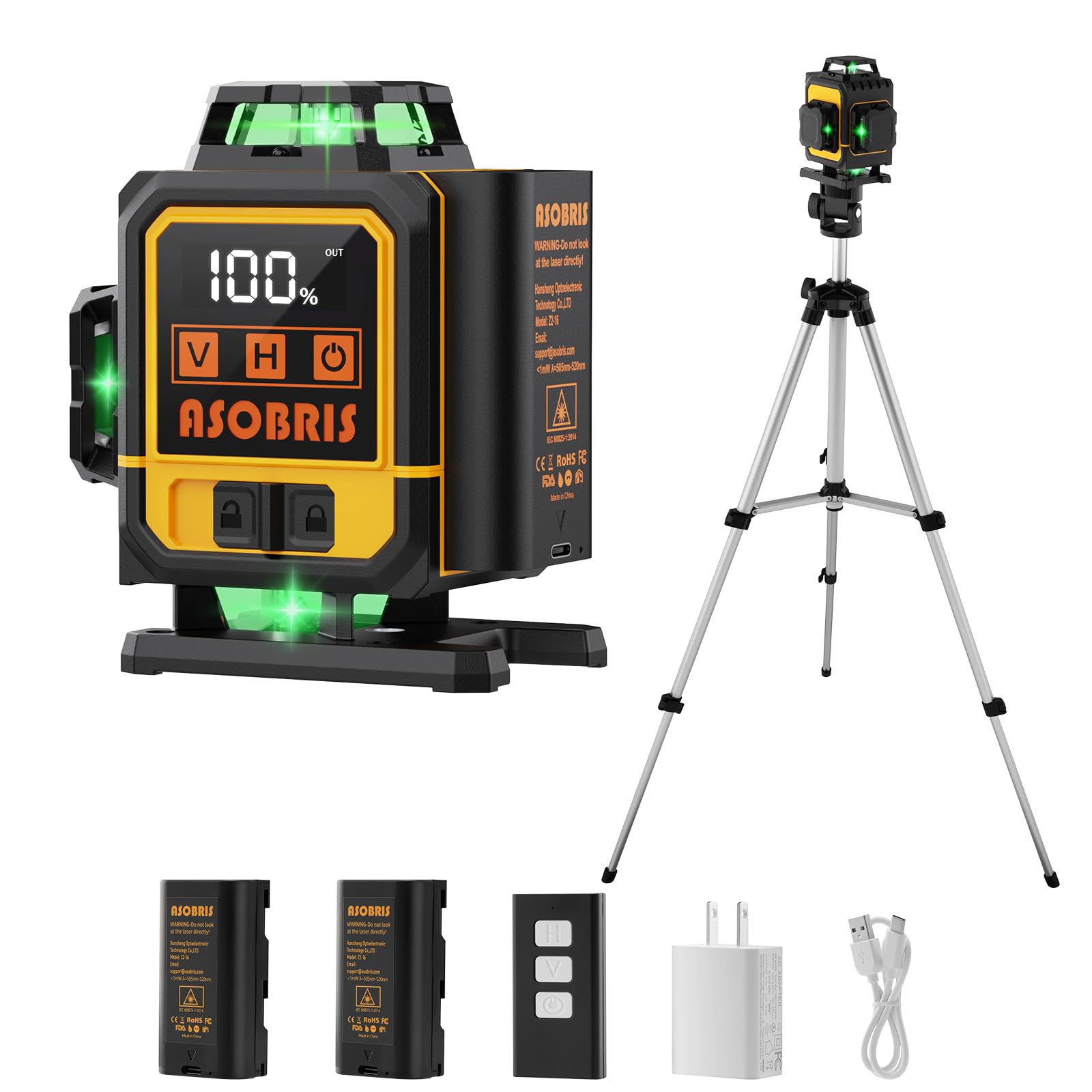 Niveau Laser avec Trepied 360° x 4,ASOBRIS 4D 16 Lignes Laser Chantier Autonivelant,Lazer Niveaux Vert Laser Exterieur,Laser Niveau 2x2400mAh Batterie,Support Rotatif Télécommande Mode Impulsion