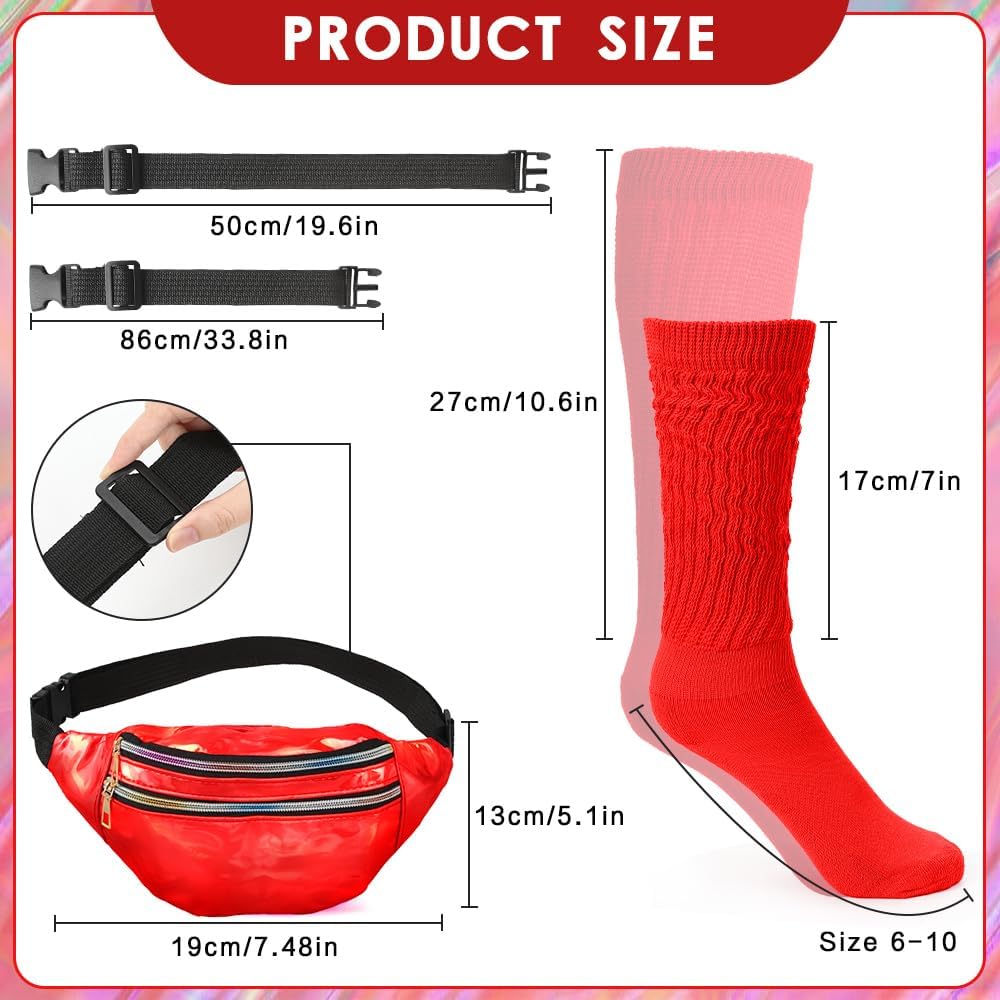 Bicfuiot Scrunch Neon Red Socks Women with 80s Holographic Fanny Pack Set - Slouch Red Socks 90s Costumes 80s Accessories Outfits Waterproof Belt Bag Crossbody for Halloween,Rave,Party image 5