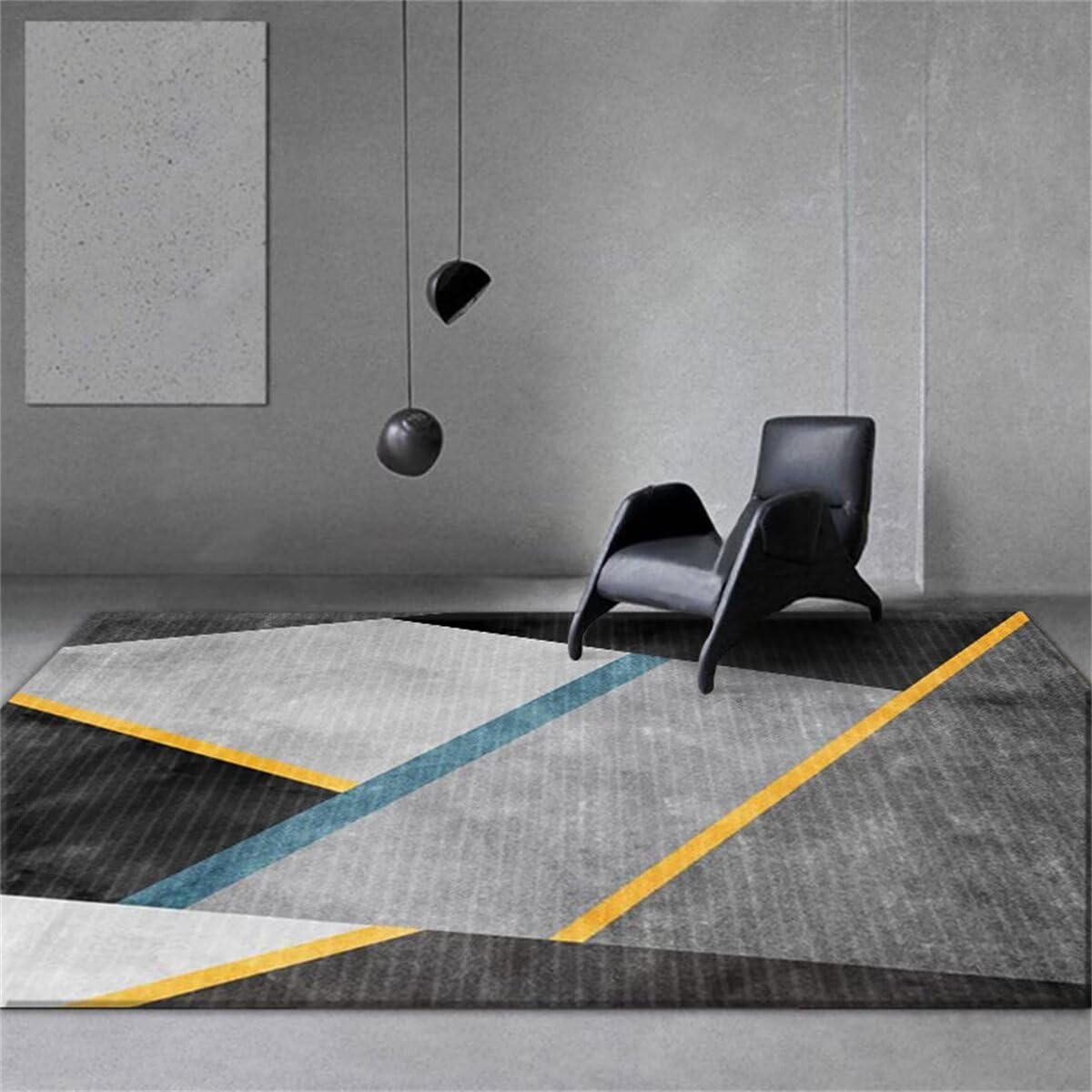 Tapis Sol Bebe Tapis Chambre Bébé Tapis de Bureau Design géométrique Gris-Bleu Durable Lavable Tapis Shaggy Noir 120X160CM