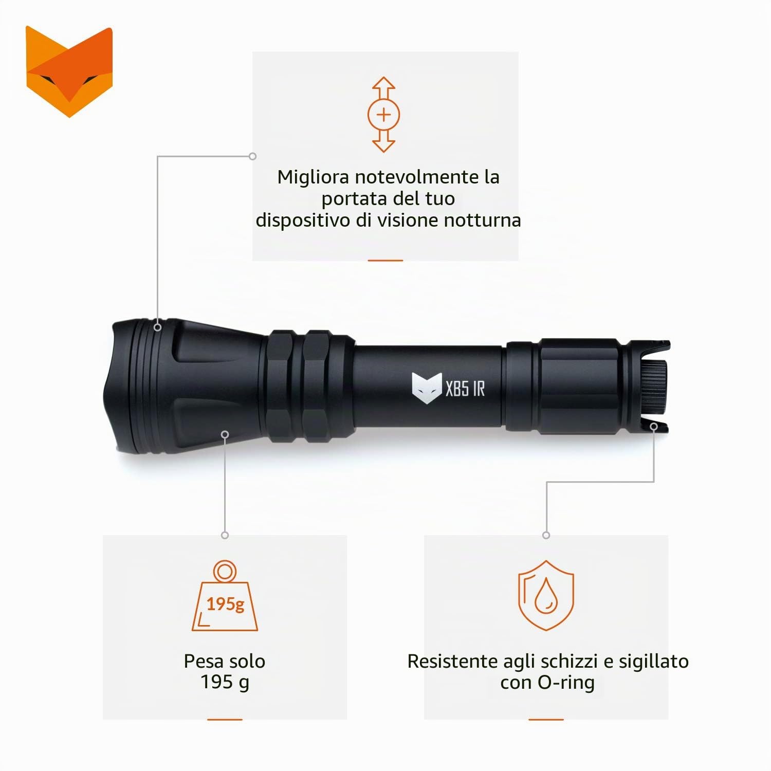 Nightfox XB5 Illuminatore IR | Lunghezza d'onda 850nm | Luce invisibile per l'uso solo con dispositivi per la visione notturna | LED da 5W | Messa a fuoco rapida | Dimmerabile