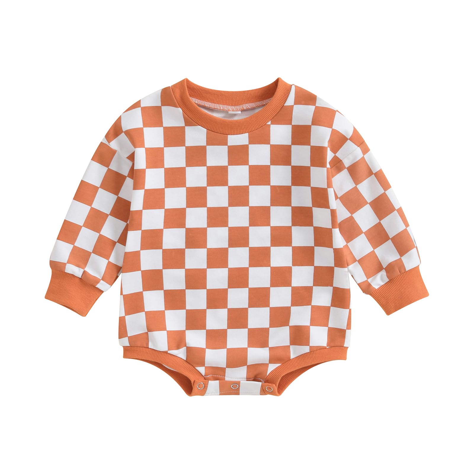 Baby Boy Girl Sweatshirt Romper Checkerboard Oversized Long Sleeve Bubble Onesie Bodysuit Newborn Checkered Outfit (Orange, 12-18 Months)