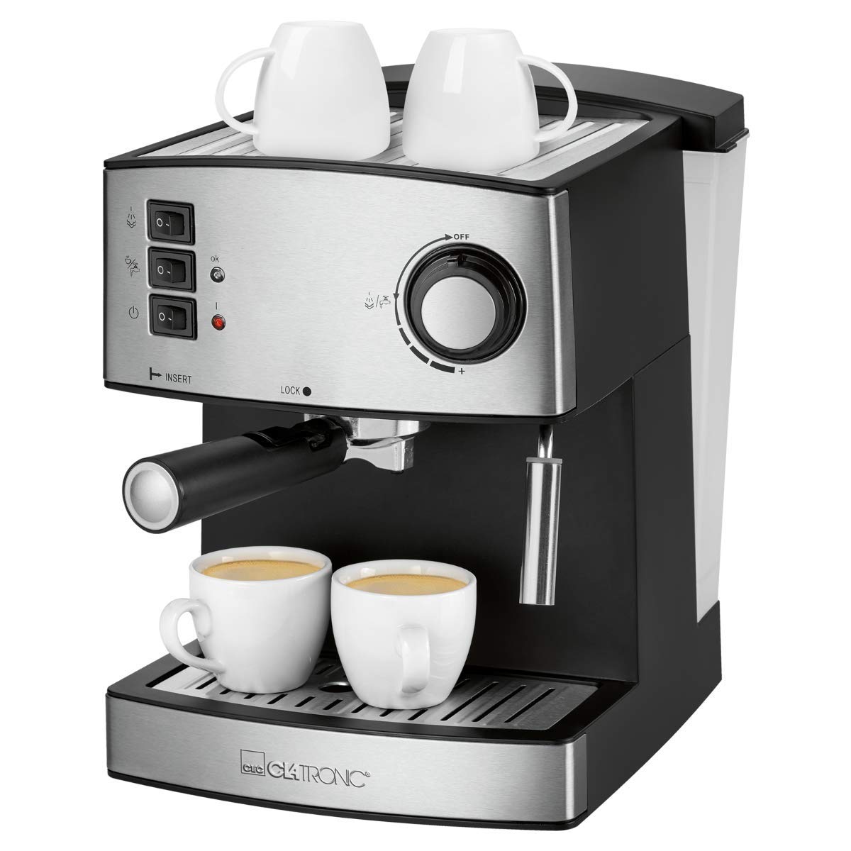 Clatronic® Espressomaschine | kleine Kaffeemaschine | 15 bar Pumpdruck | 1,6 Liter transparenter Wassertank (abnehmbar) | 2 Edelstahldüse mit Aufschäum- und Heißwasserfunktion | 850 Watt | ES 3643