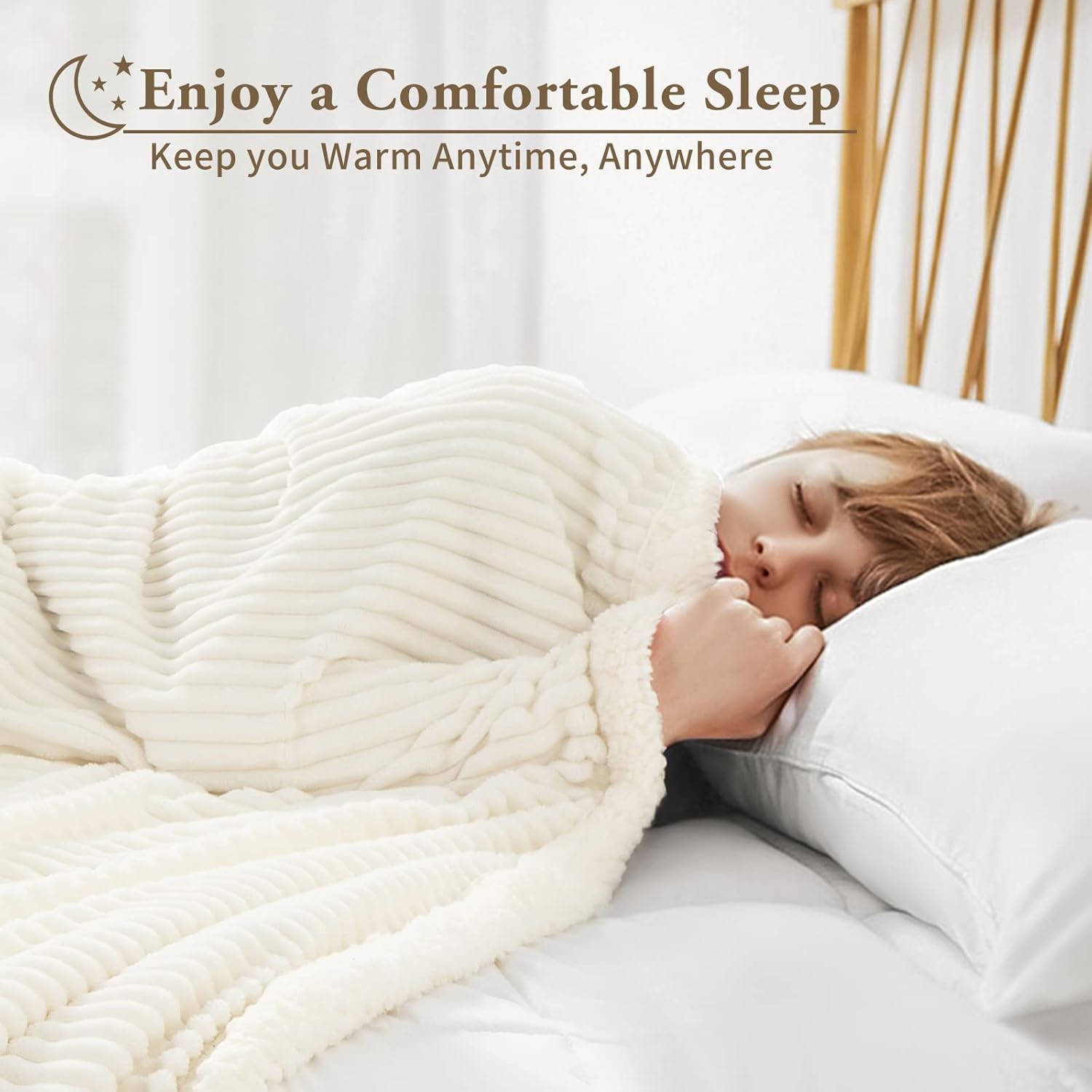 LBRO2M Striped Sherpa Fleece Bed Blanket King Size, Super Soft Fuzzy Plush Warm Cozy Fluffy Microfiber Couch Throw Velvet Double Reversible Luxurious Blankets (90x104),Ivory - Image 6