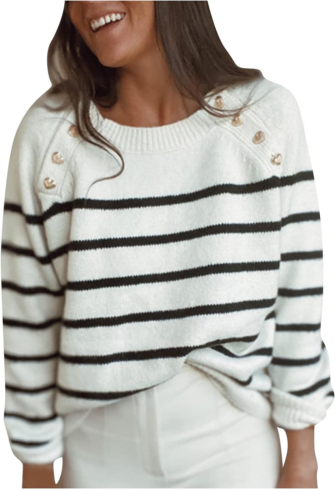 GenericJumpers for Women UK Stripe Knitted Sweater Round Neck Shoulder Button Pullover Sweater