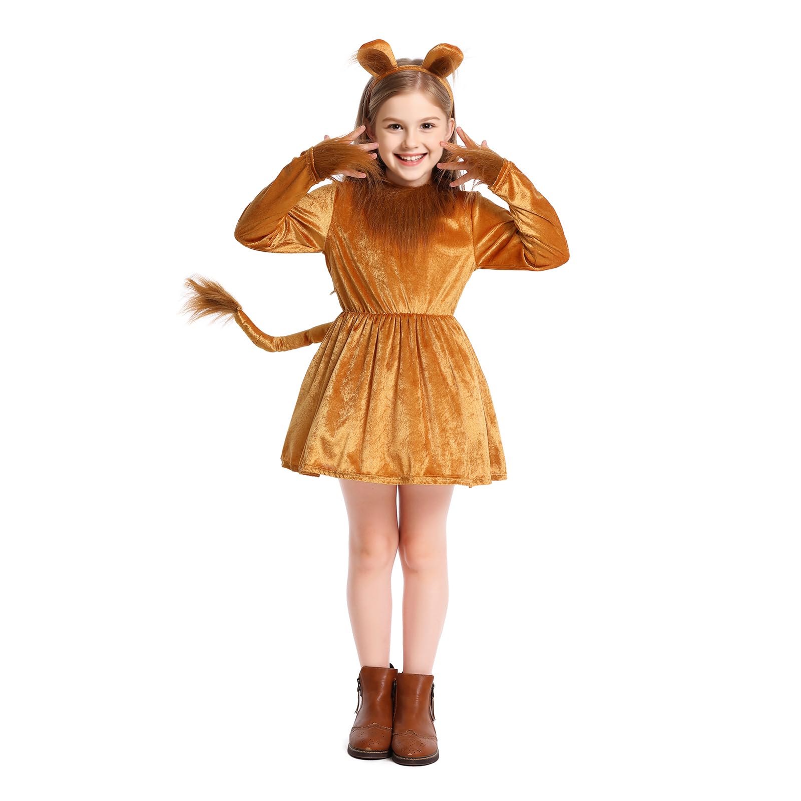 FeMereina Girls Lion Animal Fancy Dress, Kids Lion Costume Dress with Headband (Khaki, 10-12 Years)