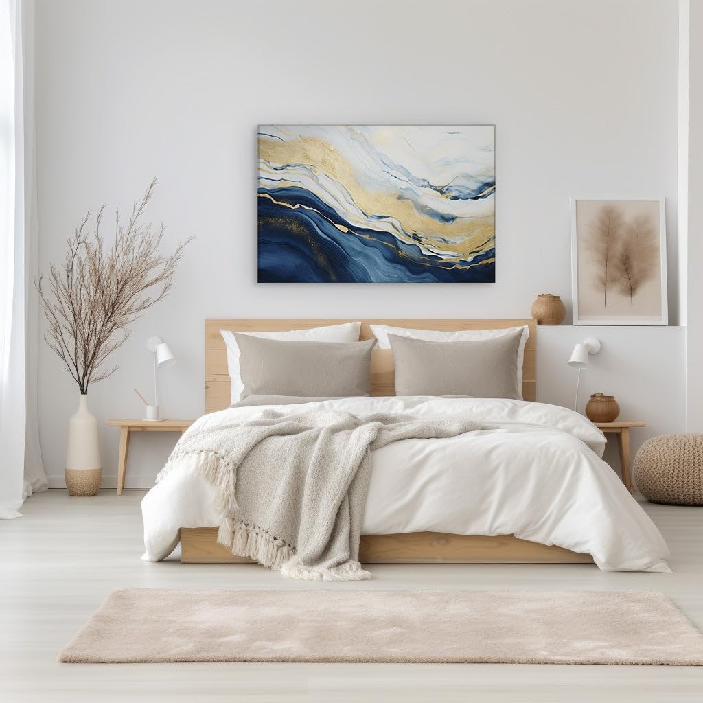 Canvas for Living room. Waves of Elegance The Luxurious Dance of Blue, Gold, and White in Abstract Art, 27 x 18 inch Canvas Wall Art - Ready to Hang