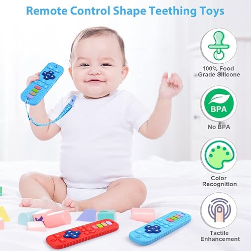 Miniatura 4 de Juguetes de dentición de silicona para bebés, 2 juguetes de dentición con forma de control remoto, juguetes de dentición con 2 clips para chupete,