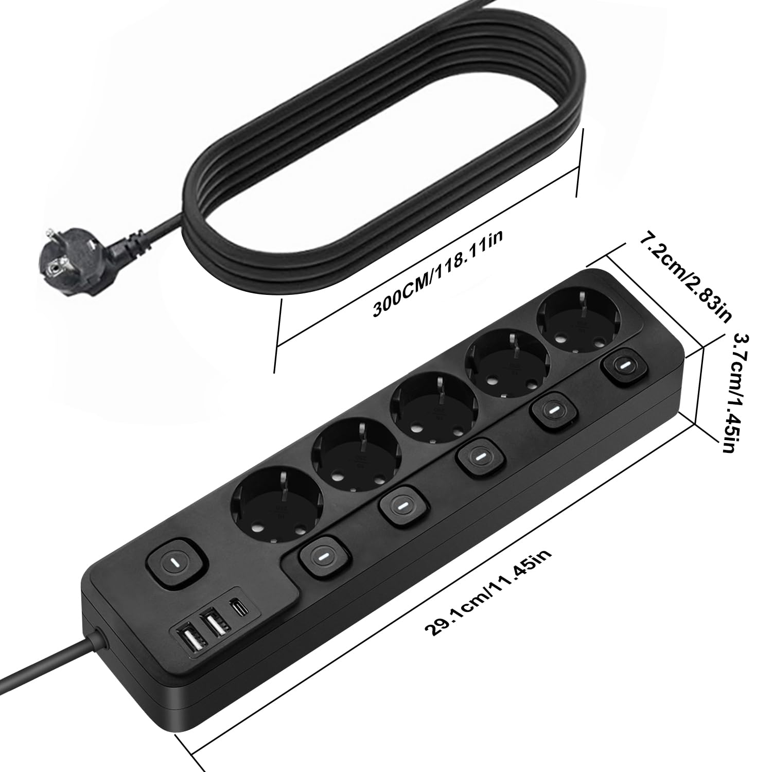 Ciabatta Multipresa con USB C, 3M Multipresa con Interruttori Indipendenti, 5 Prese Presa Multipla con 2 USB-A e 1 USB C, Protezione Sovratensione, per Casa, Ufficio, Nero(3M)