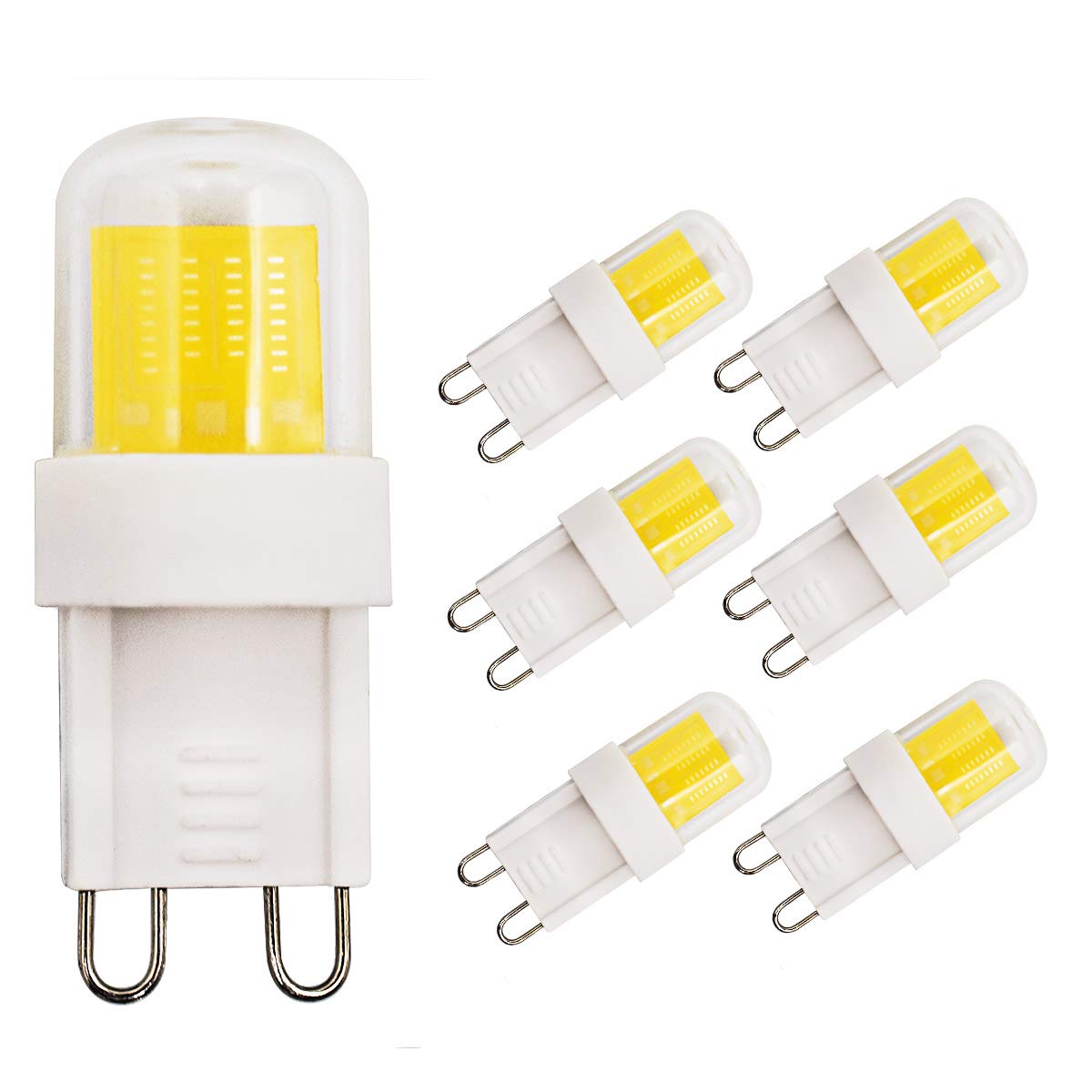 MJIUZHOU 6 Pack G9 LED Light Bulbs 3W Equivalent to 25W 20W Halogen Daylight White 6000k 300 Lumen CRI 83 220V 230V 360° Beam Angle Energy Saving JCD G9 Bi Pin Base COB Bulb