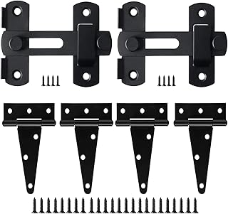 Barn Gate Latch Door Tee Hinge Hardware Kit, 2 Pack Barn Flip Latch Lock and 4 Pack 4inch T-Strap Gate Hinges,Black Finish Gate for Wood Vinyl Fence Gate Shed Door,Farm,Garden，Gate,Closet Door