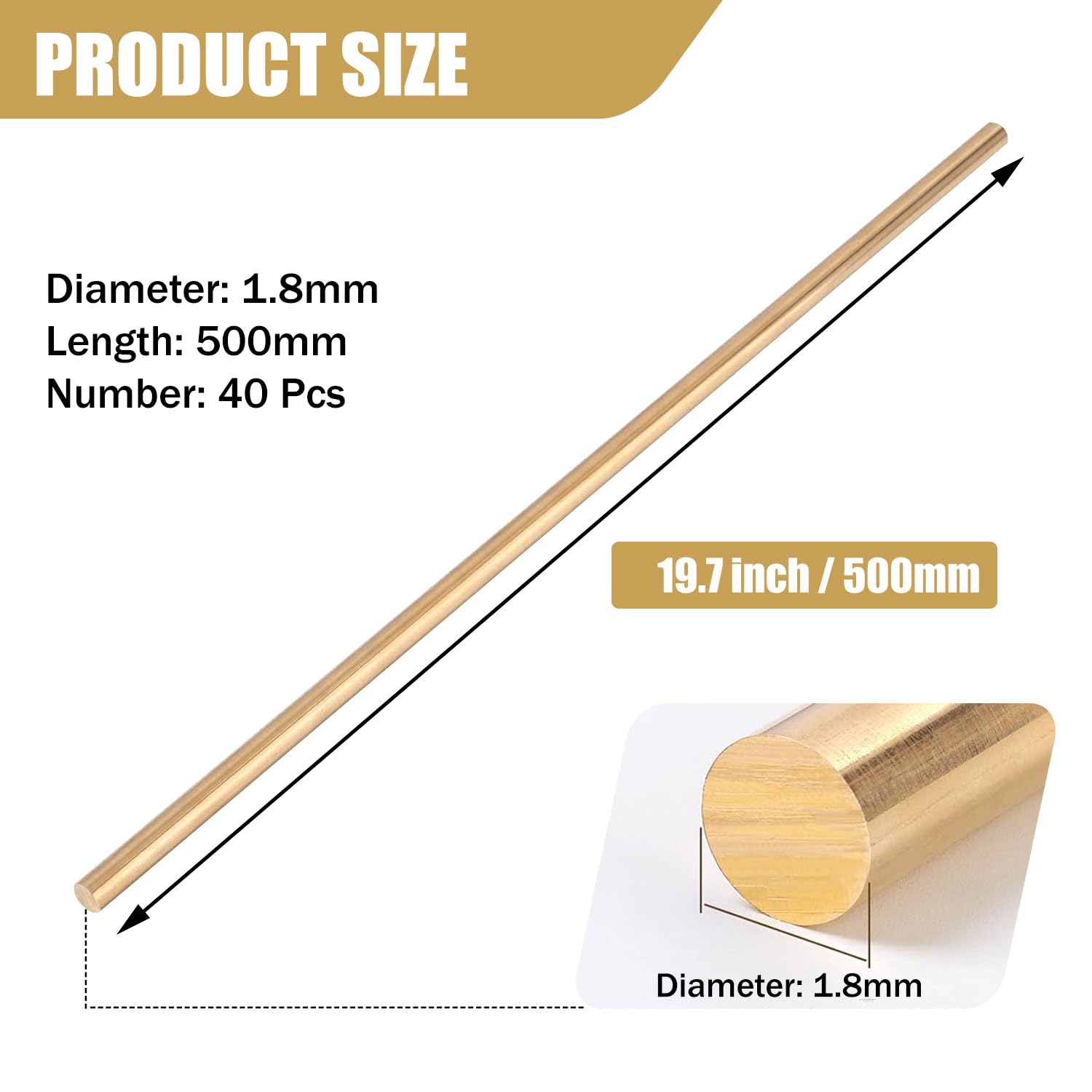Barres en Laiton, Tige Ronde Solide en Laiton, 500mm de Longueur, pour Matériel de Bricolage, Modèles de Voitures, Avions, Bateaux, Navires,40 Pcs 1.8 mm