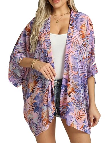 WEIYAN Women's Tops Loose Chiffon Kimono Cardigan Beach Swim Cover up Blouse(Pinkleaf,Small)