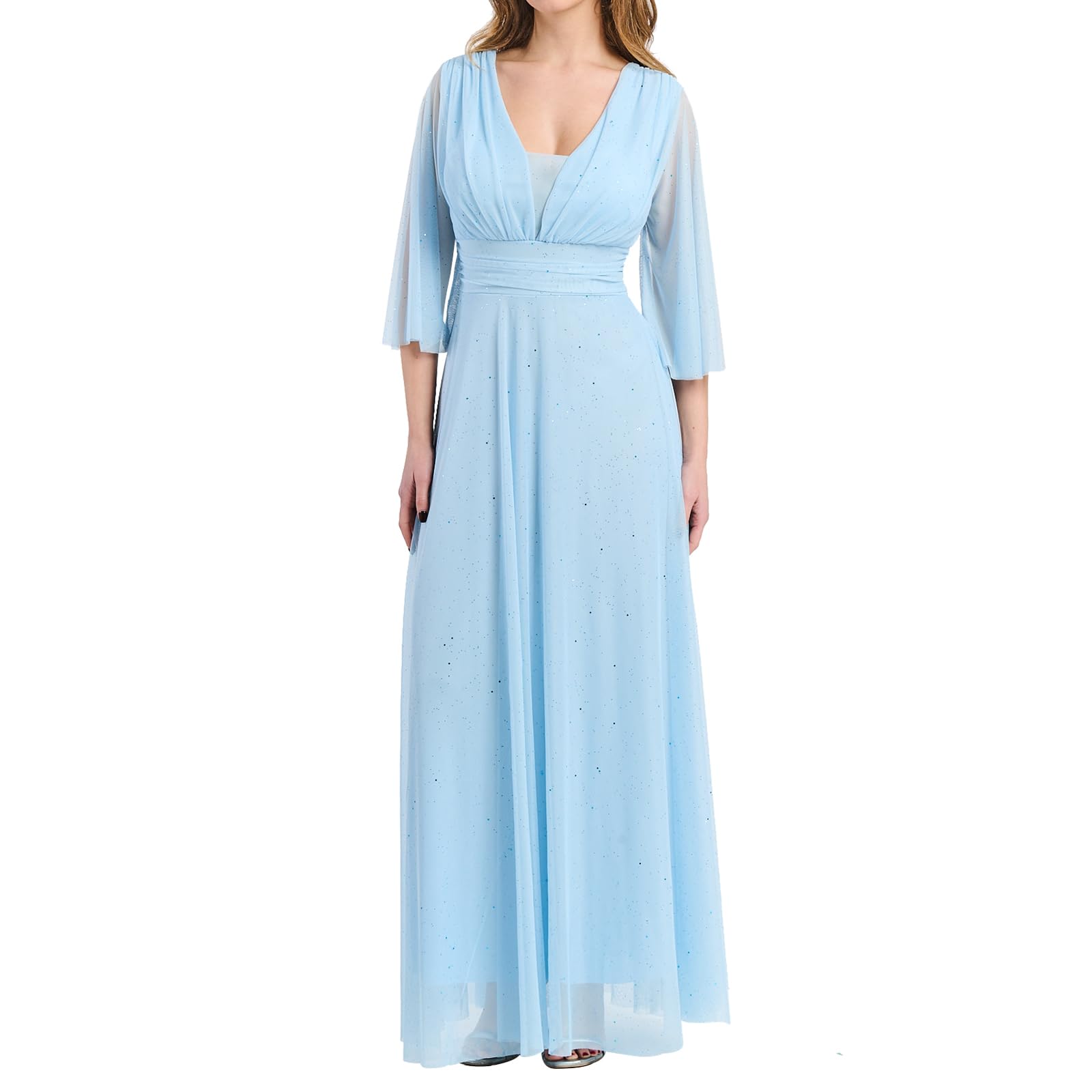 Robe longue élégante pour femme de cérémonie manches 3/4 et col en V. Taille unique réglable. Idéal pour les mariages, les événements et les fêtes. - Fabriqué en Italie