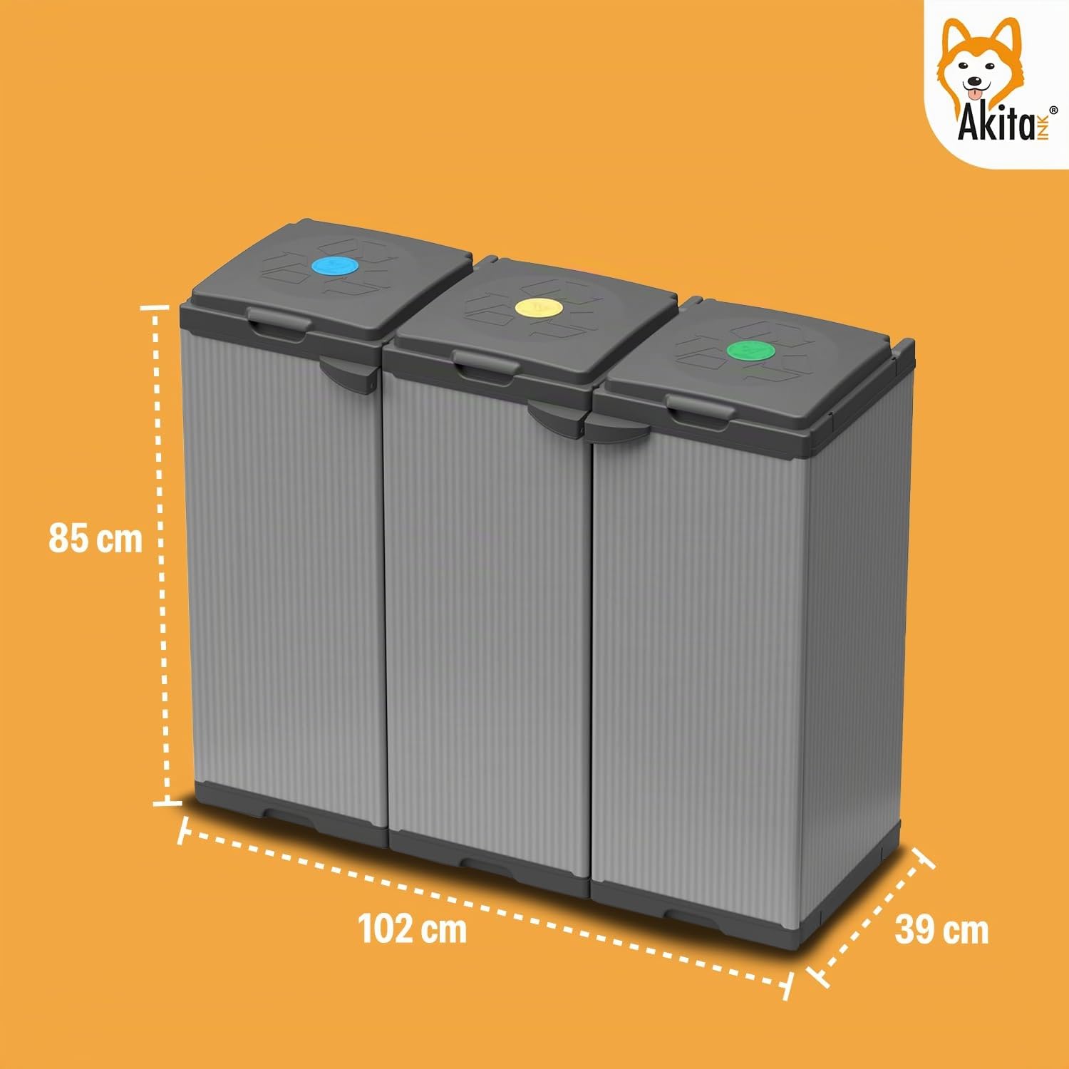AKITAInk Tris Pattumiera Differenziata 80-110 Litri Totali 240-330L - Mobile Raccolta Rifiuti con 3 Contenitori, Doppia Apertura, Plastica Resistente, Made in Italy