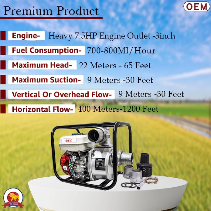 Image of OEM 3-Inch Water Pump with 6.5 HP 196cc Petrol Engine | Heavy Duty 4-Stroke Portable Pump for Farming, Irrigation & Flood Drainage