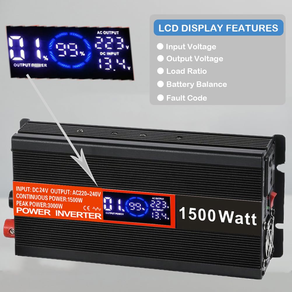 SolaMr 1500W Inversor de Corriente DC 24V a AC 220V/240V con Pantalla LCD y Puertos de Carga USB Convertidor para Sistema Montado en Vehículo y Acampada Salvaje- 1500W