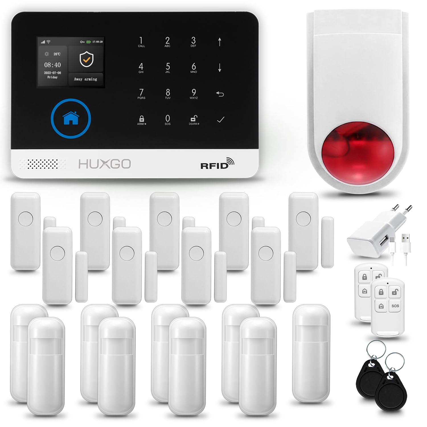HXA003 Alarma casa con Sirena Exterior WiFi + gsm | Kit Alarma casa inalámbrico con 9X sensores PIR de Movimiento, 9X sensores de Puerta/Ventana | Aplicación Tuya con Aviso al móvil