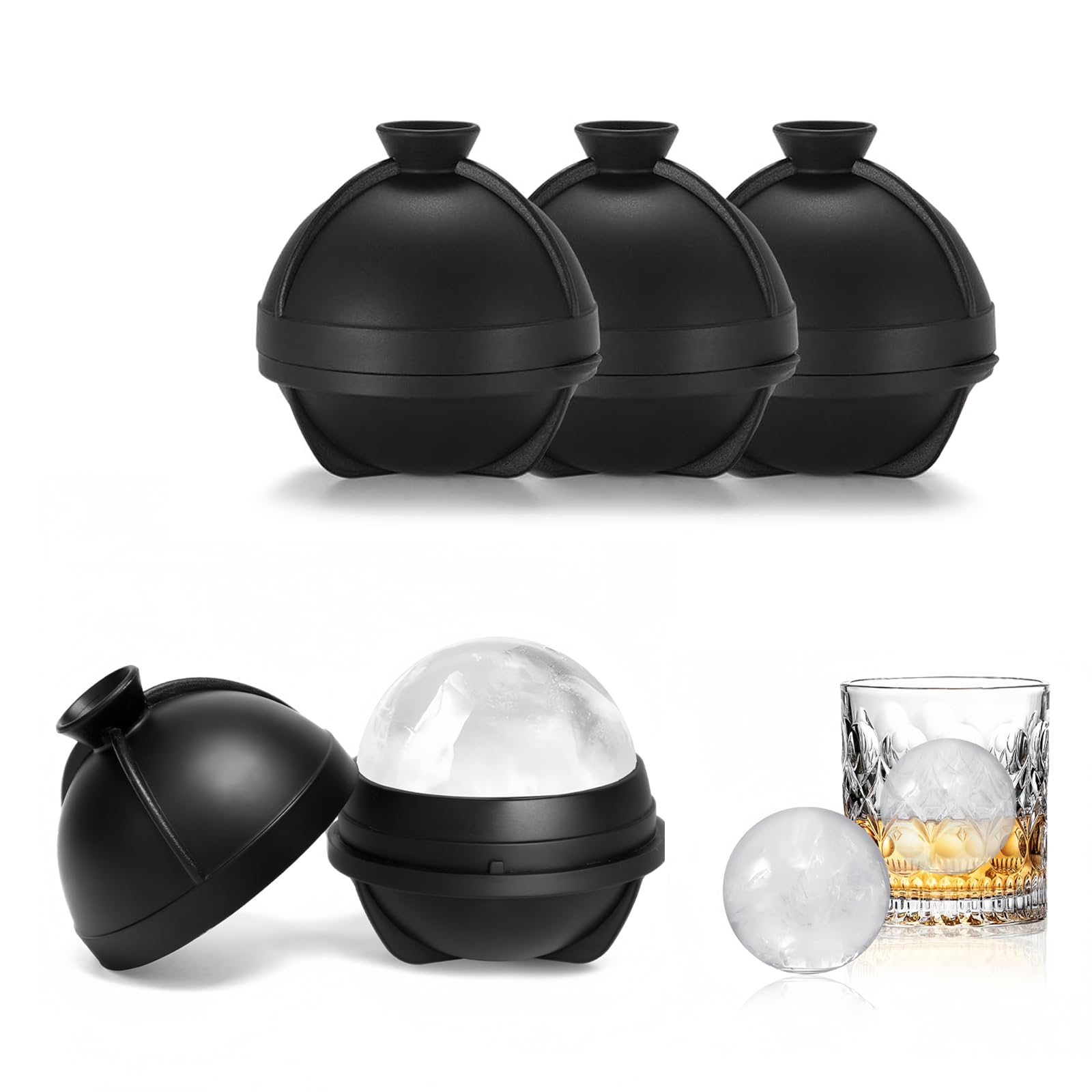 4 Pack Ice Cube Ball Moulds, Silicone Round Ice Cube Moulds with 2-in-1 Funnel Lid Reusable Sphere Shaped Ice Ball Maker for Freezer Whiskey, Gin, Cocktails Easy Release Perfectly Round