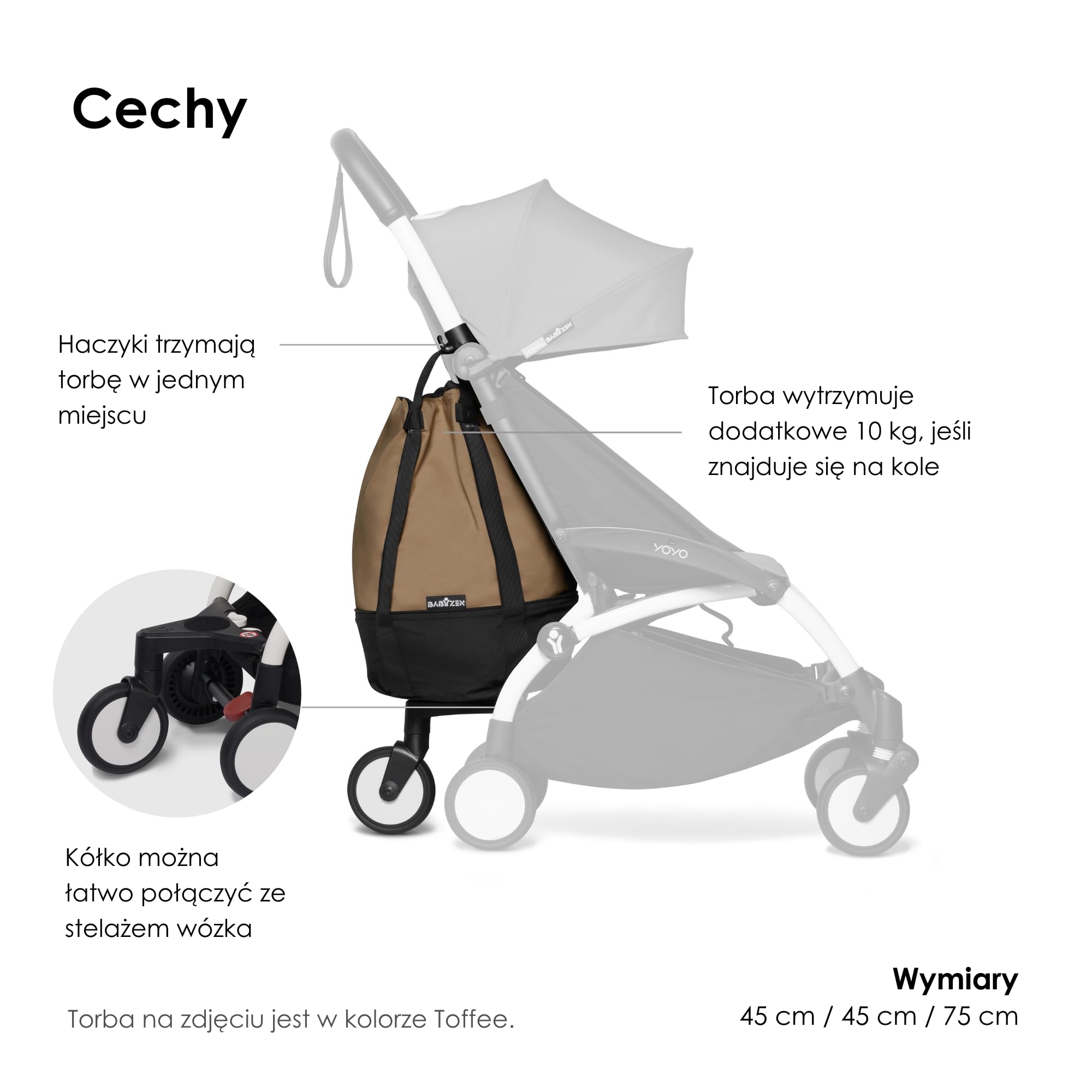 Torba BABYZEN YOYO, Toffee - zapewnia dodatkowe, solidne miejsce do przechowywania rzeczy na wózku YOYO2 - zawiera koło i haczyki