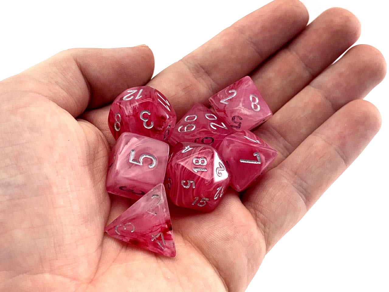 Chessex Polyhedral - Set di dadi fantasmi, 7 pezzi, colore: Rosa con numeri d'argento