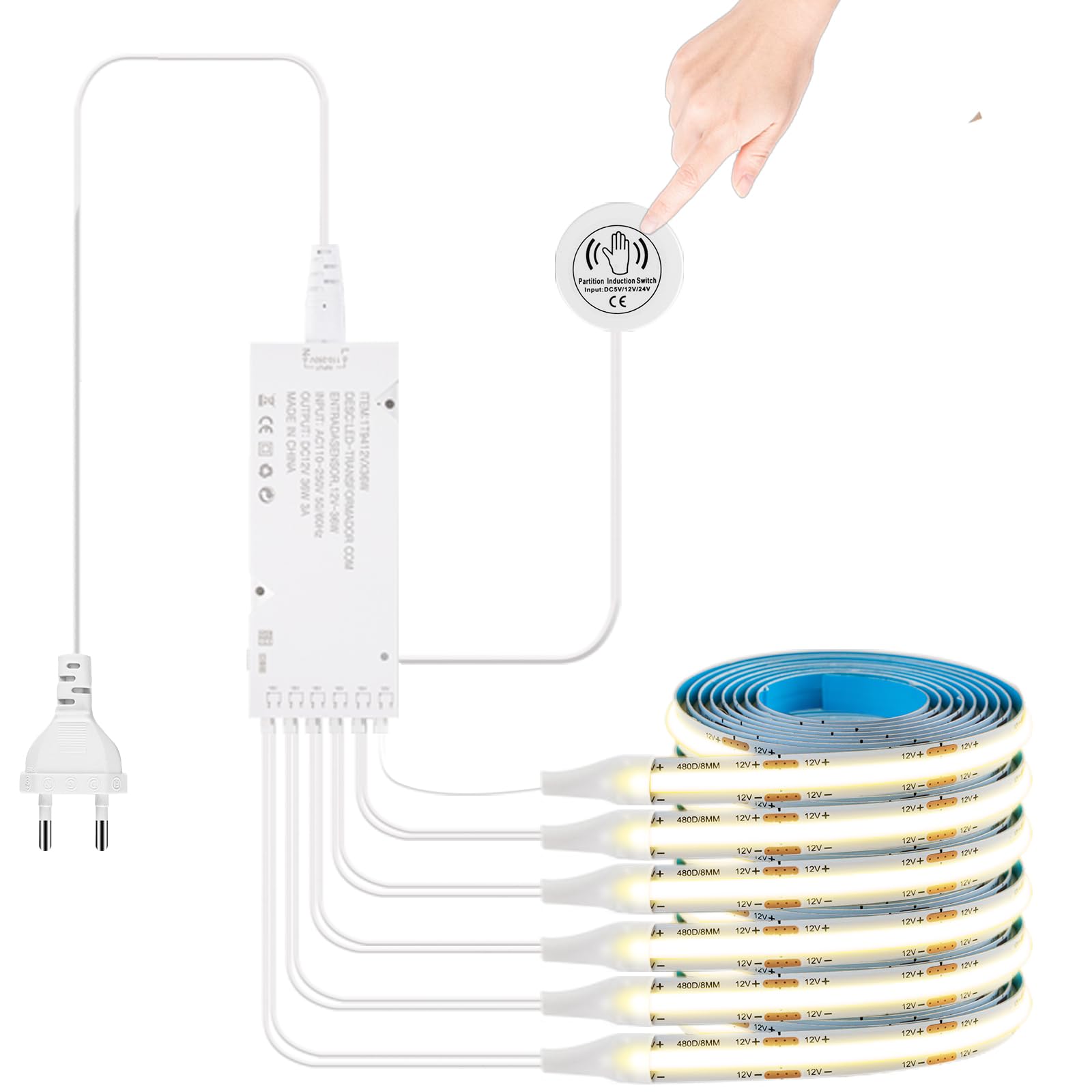 Set 6 in 1 strisce LED COB 12V, 6 pezzi da 1m luce bianca calda regolabile, comando touch e sensore gestuale nascosto, illuminazione per armadio, cucina, vetrina, scaffale e cantina vino
