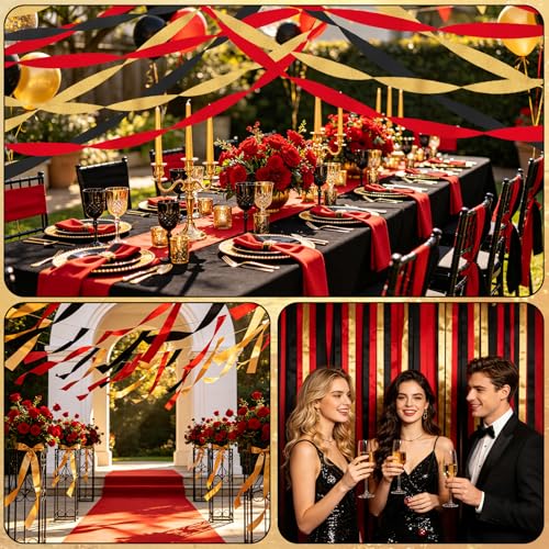 Image of Casino Streamers Party Decorations, 8 Rolls Red Black Gold Crepe Paper Streamers for Wedding Graduation Cartoon Birthday Las Vegas Poker Themed Party Decor