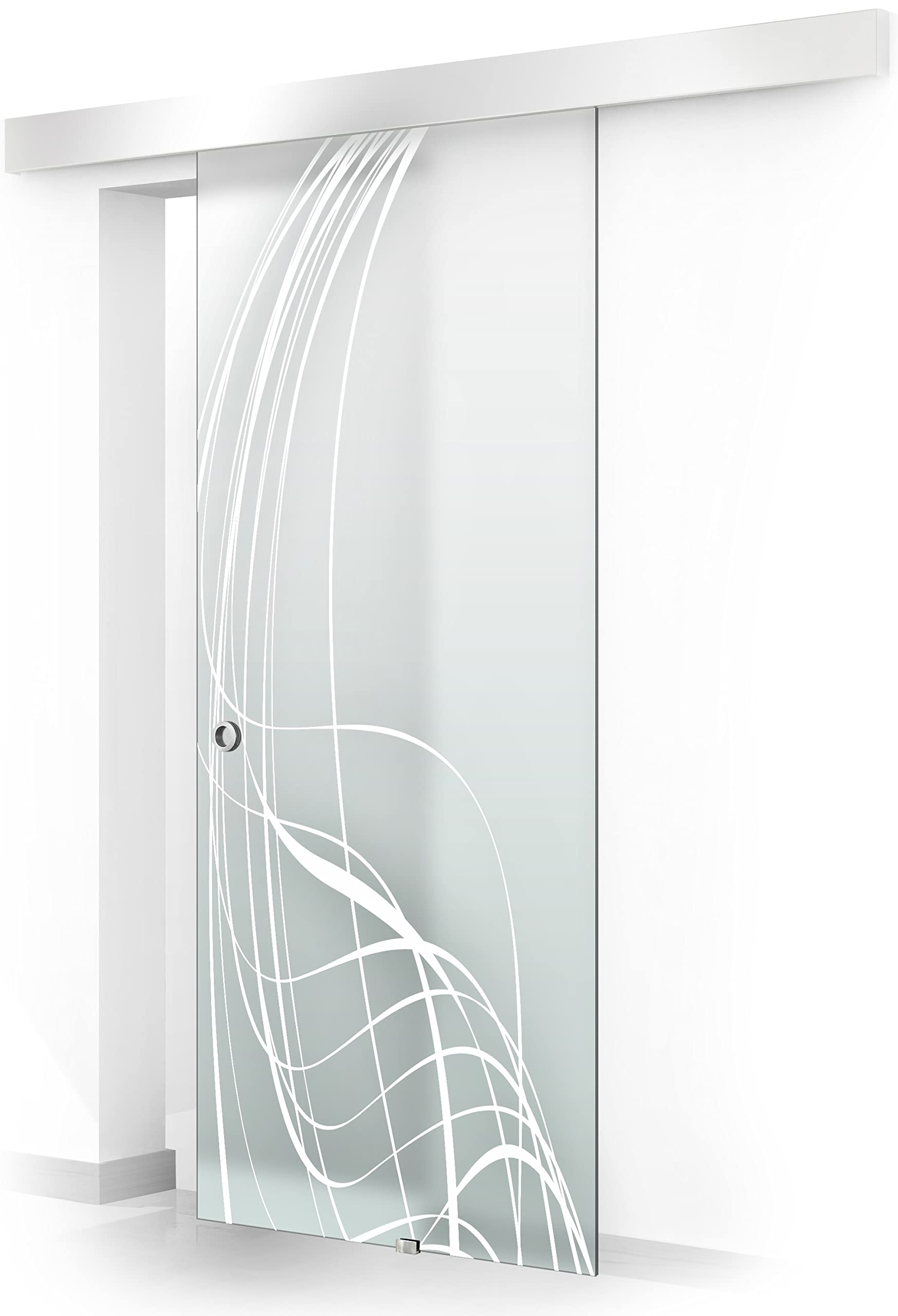 BOSS Porta Scorrevole in vetro modello LAVA 80x215 cm (60/80/90 cm) 8 mm, vetro Satinato, Nano rivestito bianco, kit hardware complete (80x215 cm, DESTRA)