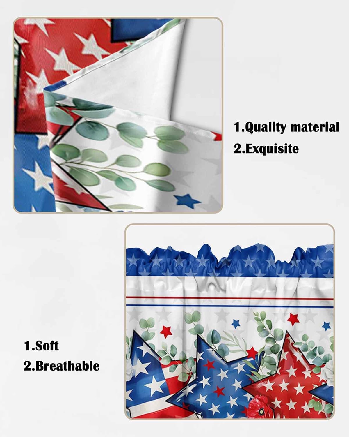 Independence Day Swag Curtain Valance for Kitchen Window Privacy Scalloped Valance Curtains Rod Pocket Swag Curtains Patriotic Five Pointed Star Eucalyptus Leaves Valances for Bedroom, 28x36 Inch
