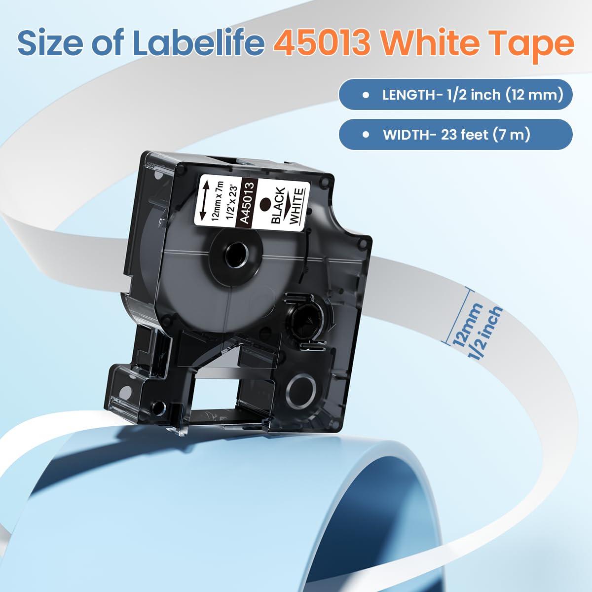 Ricambio per nastro per etichette DYMO D1 45013 1/2 pollici x 23 m nero su bianco A45013 45013s S0720530 ricariche per etichettatrice compatibili con Dymo Labelmanager 160 LM 280 210D 360D 420P,