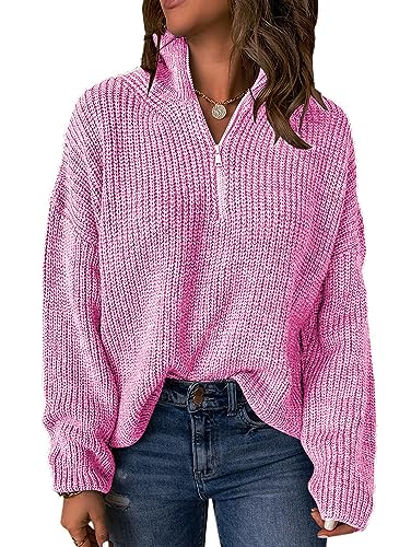 Famulily Women's Elegant Solid Color Sweaters Retro Long Sleeve Autumn Winter Outfits Jumpers (S, Hot Pink)