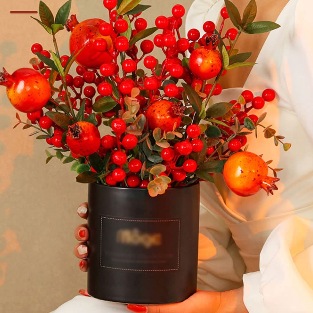 Arte Floral Pomegranate Flor Artificial con jarrón de cerámica for la decoración del hogar Flowers Set jardín Decoración Navidad Suministros Accesorios De Fotos