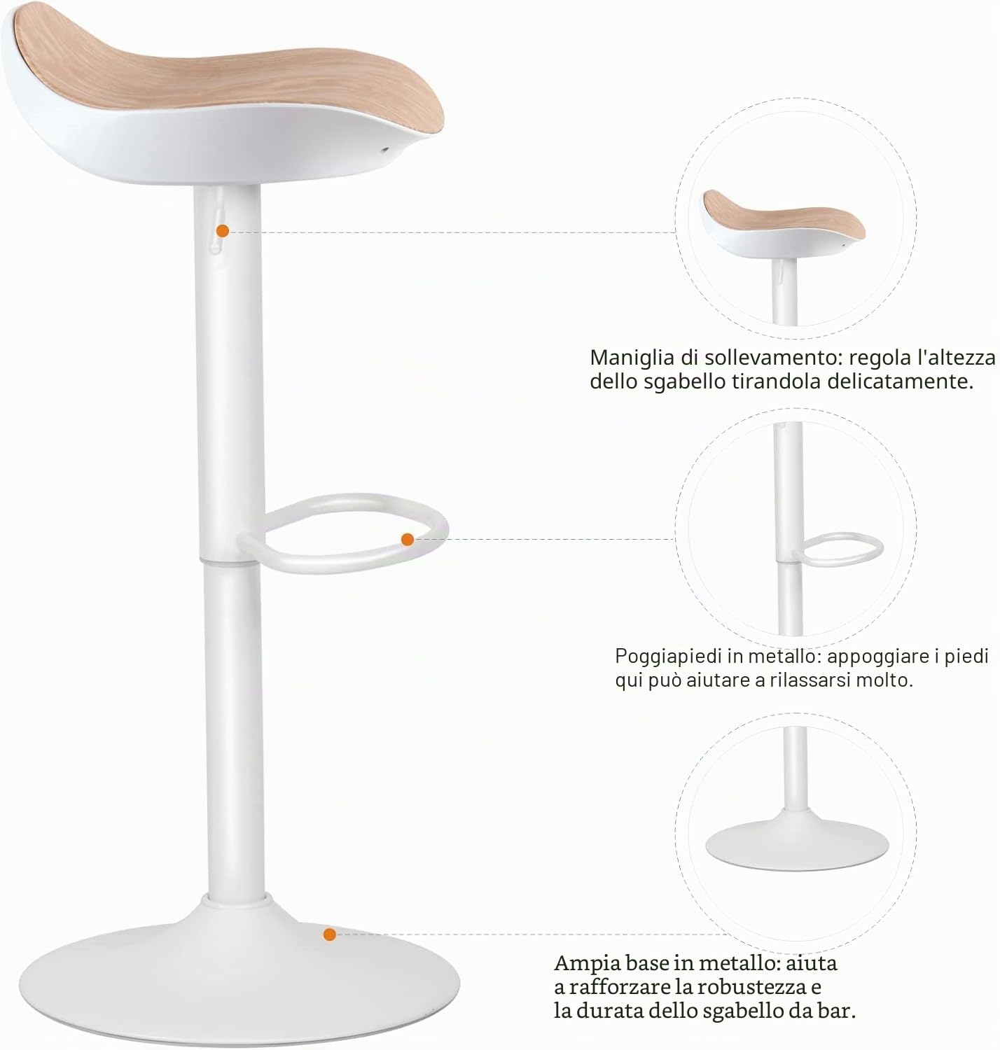 YOUNIKE Sgabello da Bar, Sgabelli Alti da Cucina Sedia da Bar, con Schienale e Girevole a 360°Altezza Regolabile Montaggio Facile, per Cucina Casa e Bar, Bianco