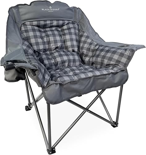 Silla de camping de gran tamaño Black Sierra para adultos, asiento resistente para exteriores con acolchado suave, soporta 400 libras, portavasos y