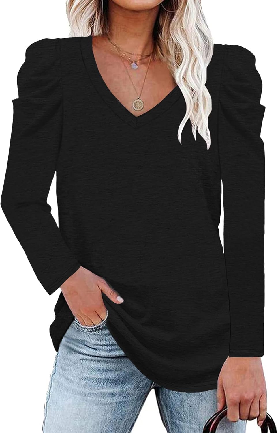 LCXWFE Womens Tunic Tops Puff Sleeve Casual V Neck Long Sleeve Shirts Solid Color S-2XL - Image 2