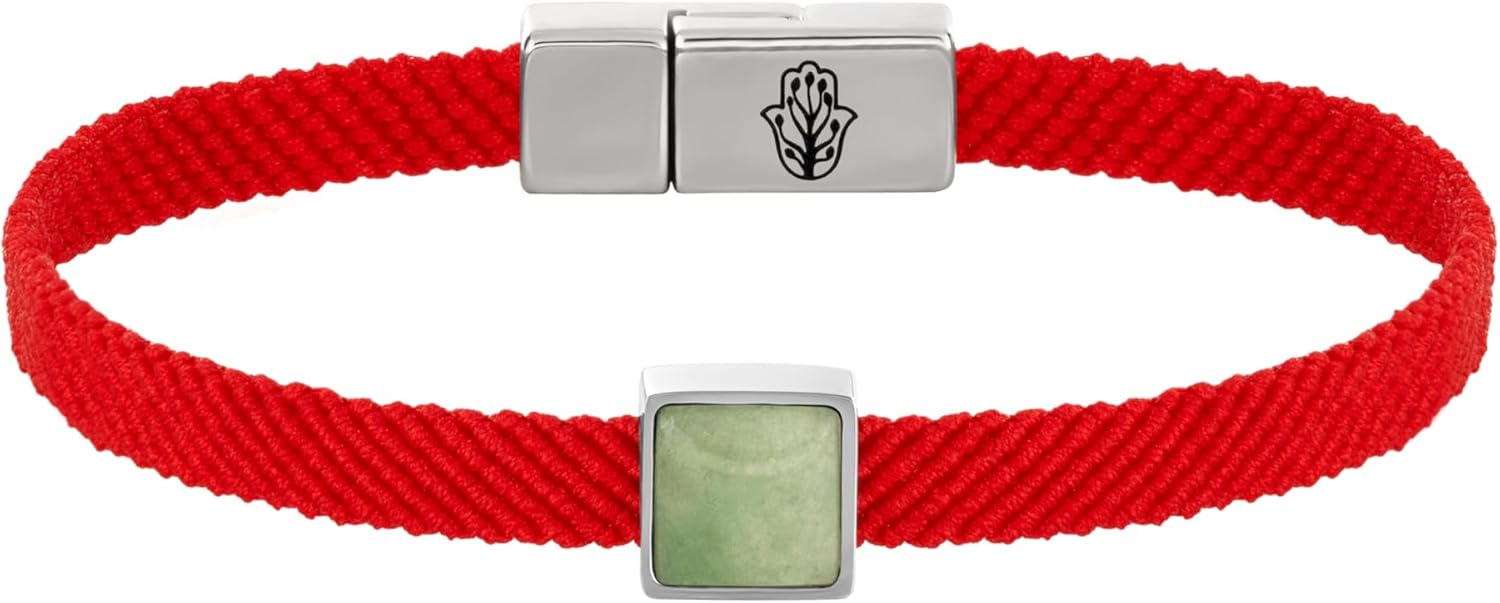 KARMA AND LUCK Red String Bracelet with Black Onyx, Jade, Tiger Eye, Lapis Lazuli - Rhodium Plated Brass, Handmade in Thailand, Available in 6.5", 7", 7.5" Lengths