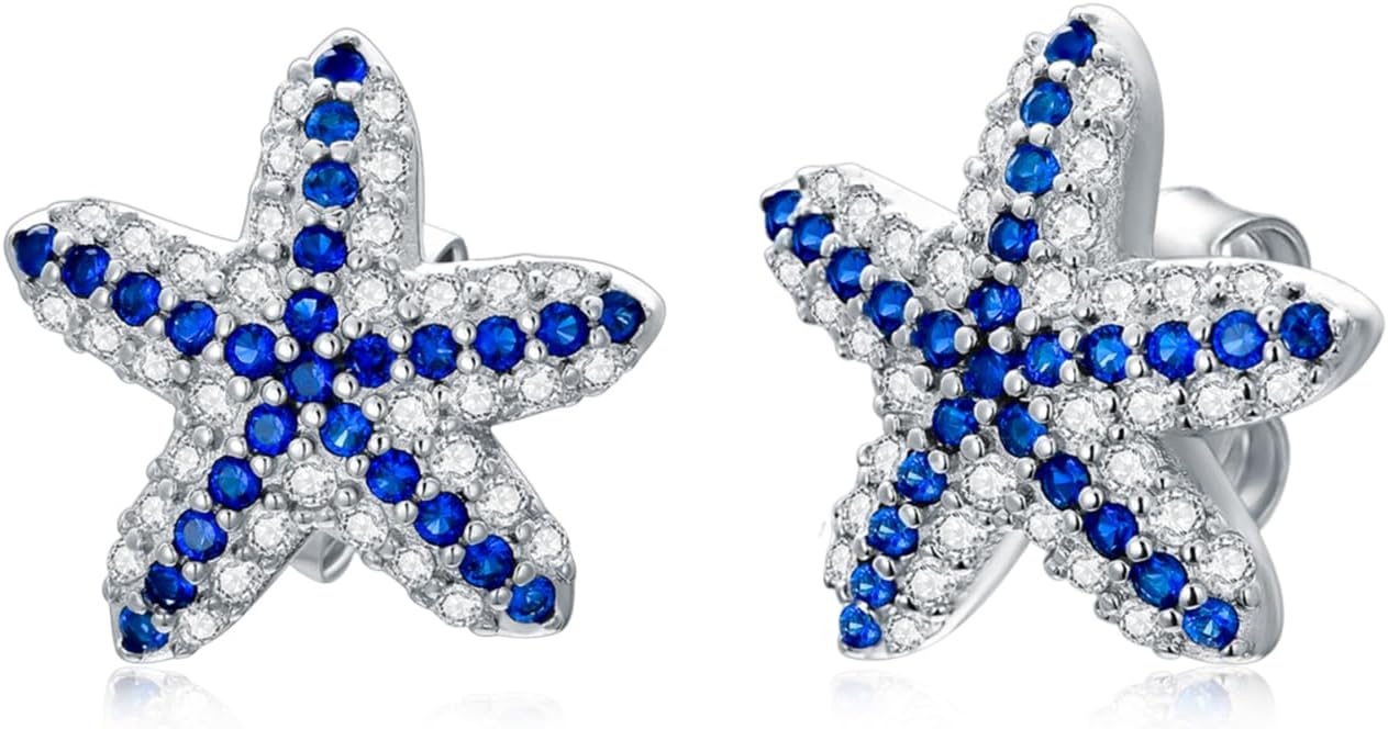 Blue White Zircon Starfish Earrings 925 Sterling Silver Studs Ocean Theme Women's Jewelry Cute and Dainty White Gold Plated