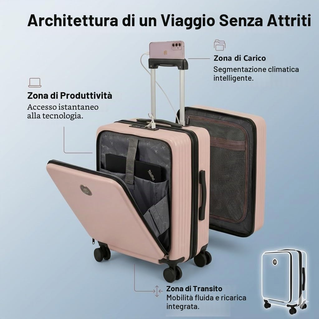 CAMIR-Valigia da cabina con USB Smart Bagaglio Trolley a mano Borsa multiuso Tasca frontale Bagaglio a mano portatile 4 ruote, Valigia da cabina con lucchetto TSA 55x35x23,5 ABS+PC (ROSA)