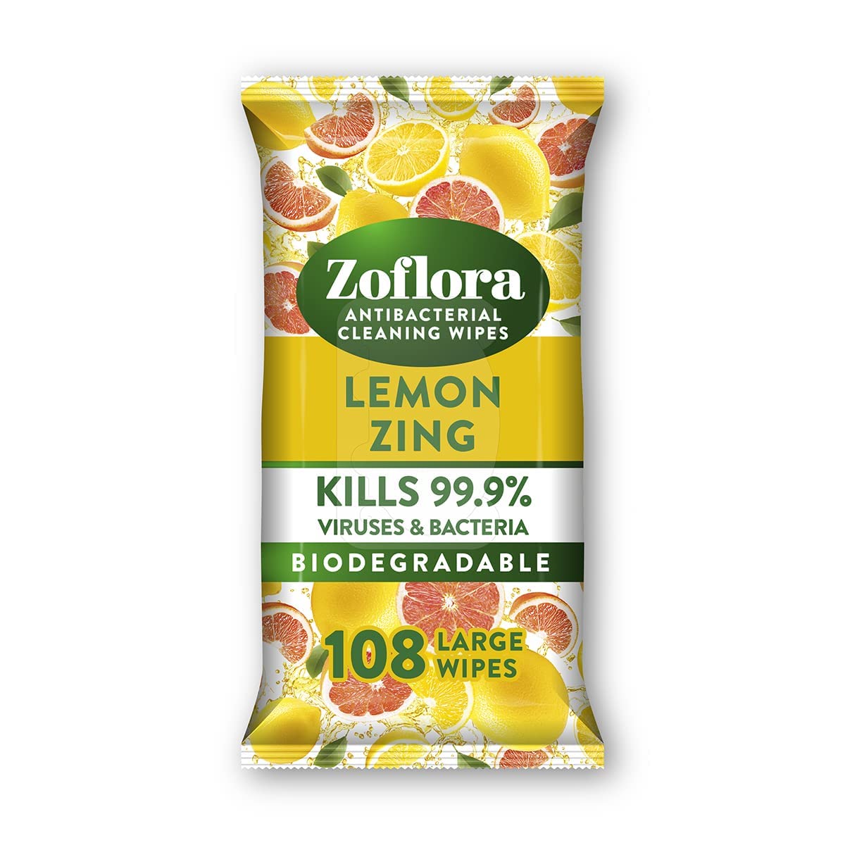 Zoflora Lemon Zing 108 Large Wipes, Antibacterial Multi-surface Cleaning Wipes Convenient, Quick Cleaning