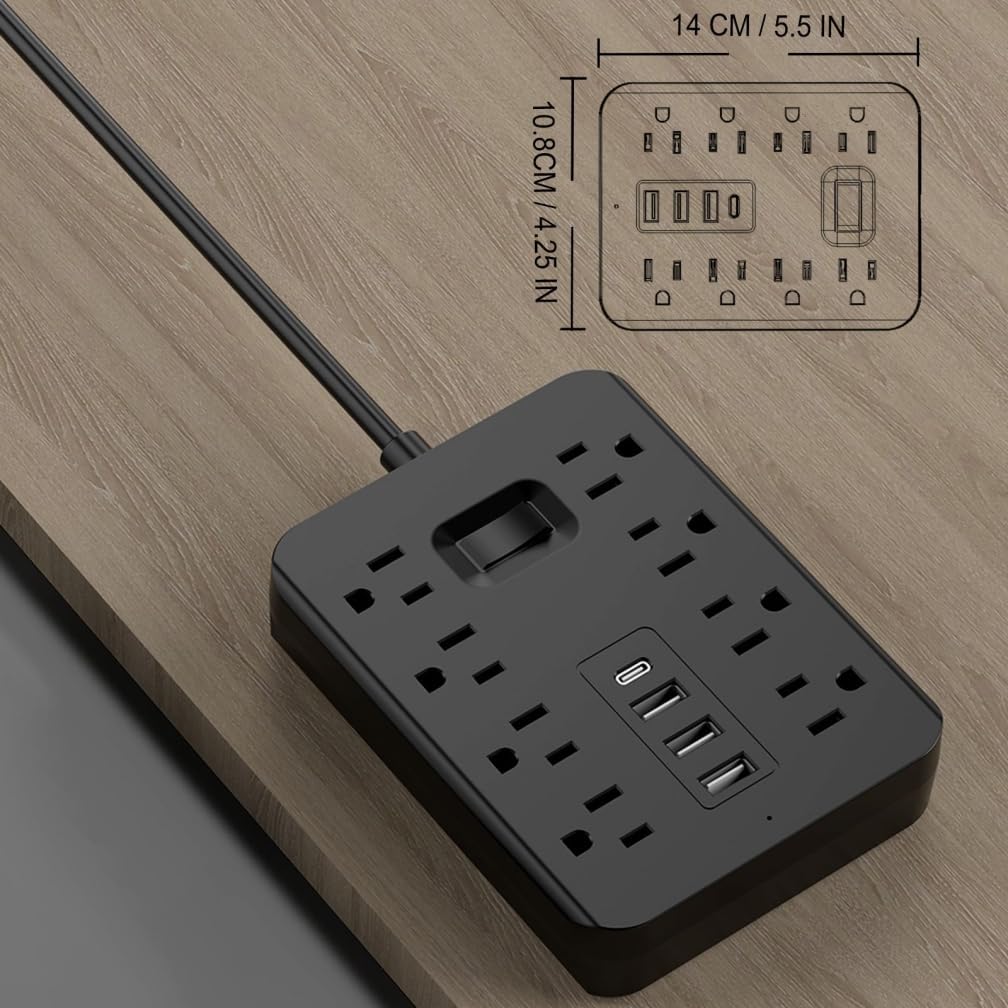 Flat Plug Power Strip with Surge Protector, 8 AC Outlets + 3 USB Ports + 1 USB-C, 5ft Extension Cord for Desktop, Travel, Home & Office(Black)