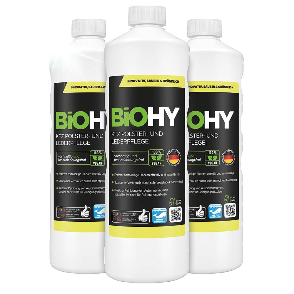 BiOHY Cura della tappezzeria dell'auto (3 bottiglie da 1l) | Cura degli interni dell'auto | shampoo detergente efficace | smacchiatore per sedili auto | Lascia un odore gradevole (KFZ Polster)