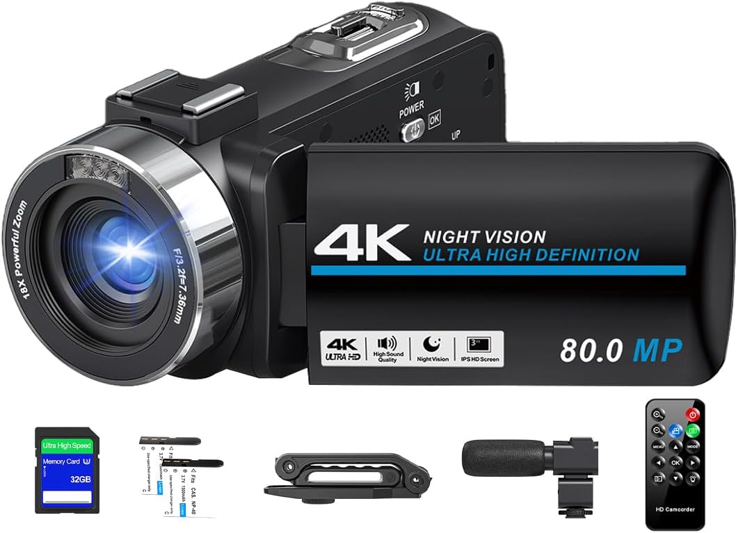 Camcorder Video Camera 4K Ultra HD 80MP Vlogging Camera for YouTube 18X Digital Zoom IR Night Vision 3.0" IPS Screen Video Recorder With Handheld Stabilizer, Microphone, 32G SD Card and Remote Control