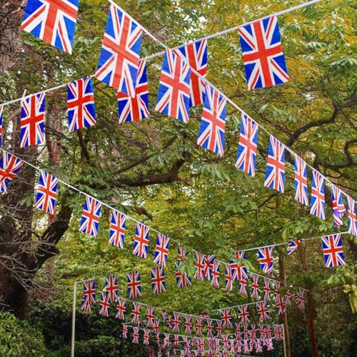 Image of AhfuLife 30 Pcs Union Jack String Flags for VJ-Day 80th Anniversary Decorations, Small British Flag Bunting Banner- Double Sided for Street Garden Football Party Decor (5.5x8.3 Inch -33 Ft)