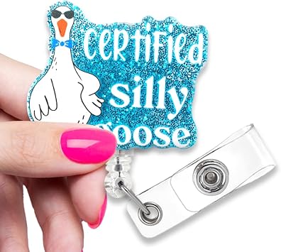 ZBBFSCSB Funny Silly Goose Blue Glitter Badge Reel, Retractable Nurse ID Office Work Card, Cute Goose Badge Reel for Doctors Nurses Physician Assistant Medical Office Worker Colleague
