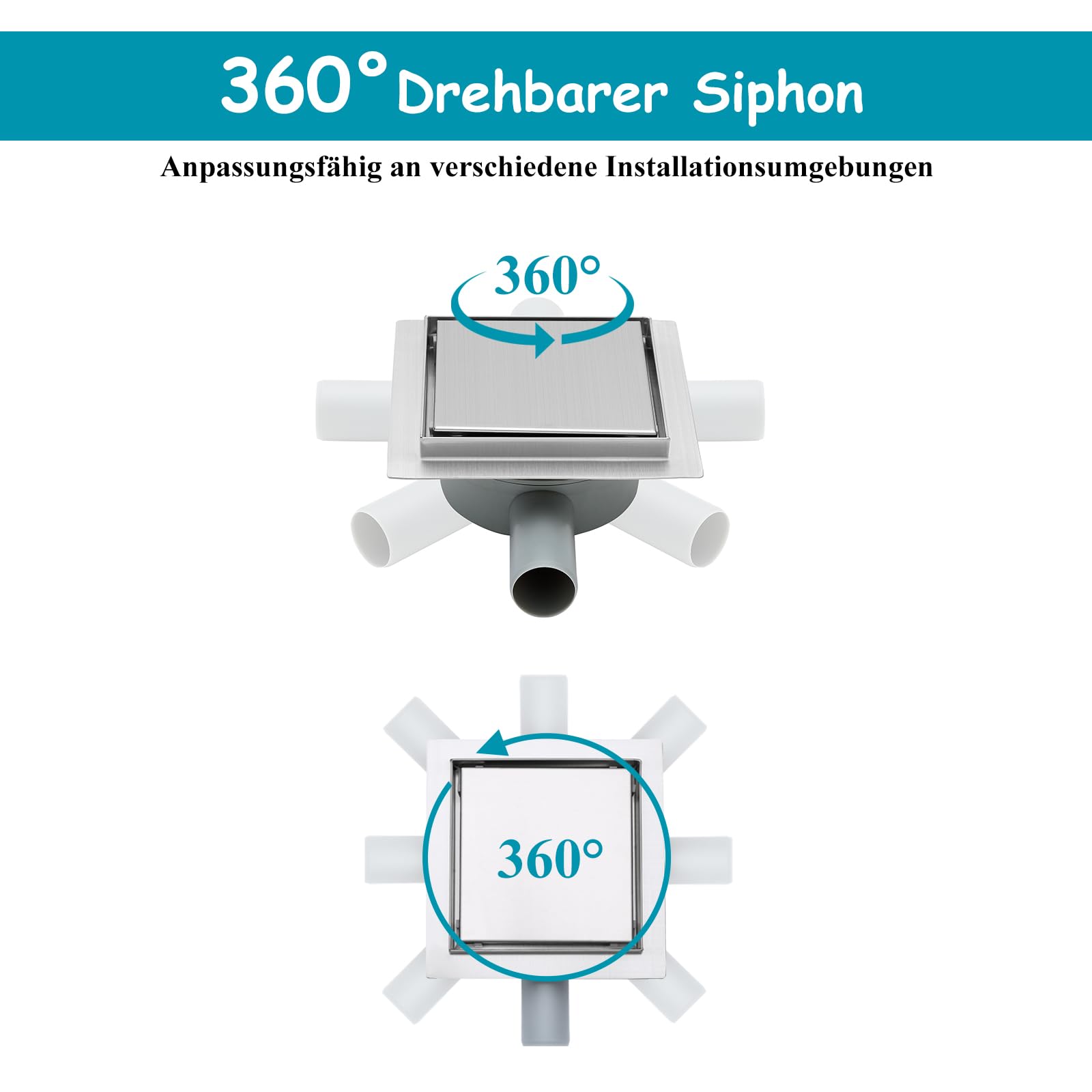 Canaleta de ducha cuadrada de acero inoxidable con sifón de 360°, filtro de pelo, filtro de pelo 2 en 1, desagüe de ducha de 150 x 150 mm, 2 adaptadores de desagüe DN50 DN40
