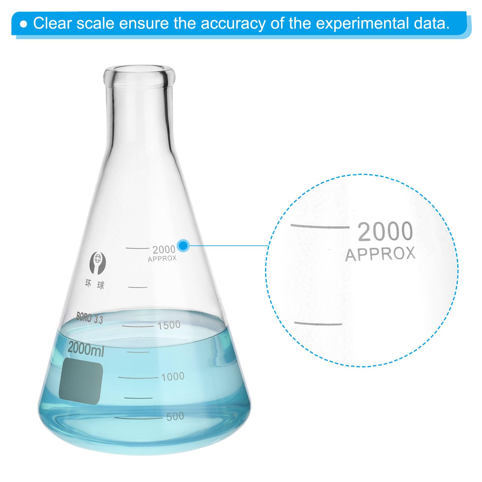 PATIKIL Erlenmeyerkolben 2 Stück 2000ml 67.6oz Schmale Öffnung Messkolben Borosilicatglas Mit Aufgedruckter Skala Für Laborversuche Chemie Wissenschaftliche Studien