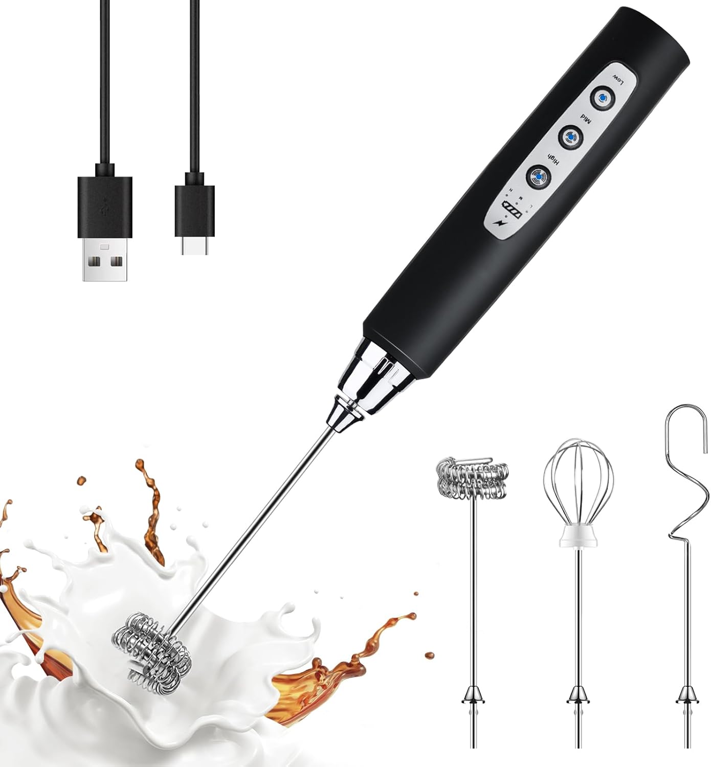 YUSWKO Black Handheld Milk Frother Wand for Coffee