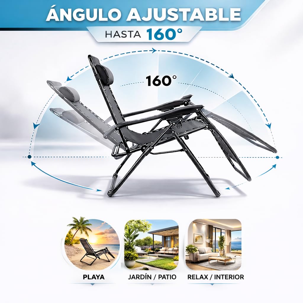 Pack 2 Tumbonas o Sillas de Exterior Plegables para jardín | Playa | Piscina o Terraza | Hamacas Reclinables Camping con Portavasos y Reposacabezas | Hasta 150kg | Silla plegable playa o Tumbona — view 4