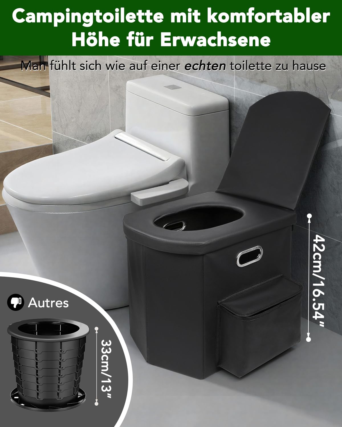 E EASTSTORM Faltbare Campingtoilette XXL mit Beutel & Seitentasche