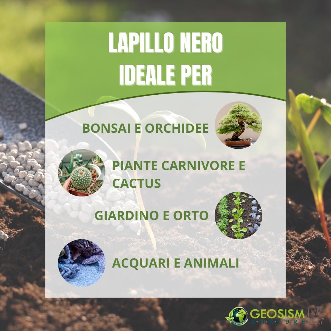 GEOSISM & NATURE - Lapillo vulcanico nero setacciato, granulometria fine, 100% naturale, per giardinaggio, drenaggio, pacciamatura, vasi e terrari (30/50 mm - Singolo da 14LT)