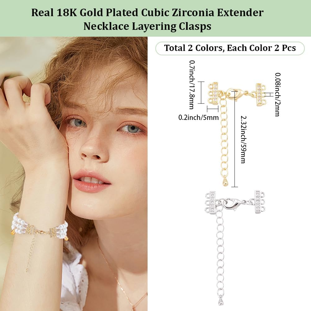 Beebeecraft 1 Box 4Pcs Necklace Layering Clasps 18K Gold Plated Brass Cubic Zirconia Multi Strand Connectors Platinum Color Necklace Separator for Layering Connectors Multiple Necklaces